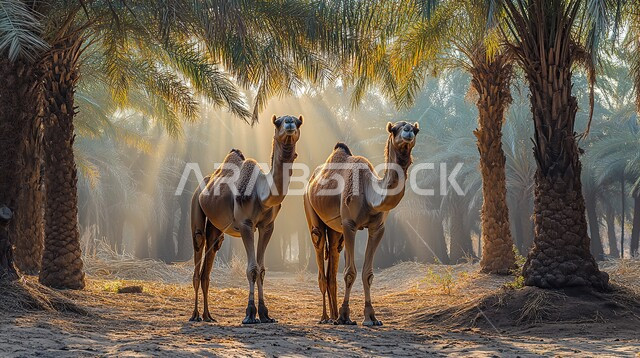 مجموعة من حيوان الجمل يقفون وسط صحراء المملكة العربية السعودية، الاهتمام في تربية الجمال و الإبل، الكثبان الرملية و المناطق الصحراوية، مفهوم رعاية المواشي والثدييات، التكوينات والتشكيلات الصخرية والمناظر الطبيعية في الصحاري