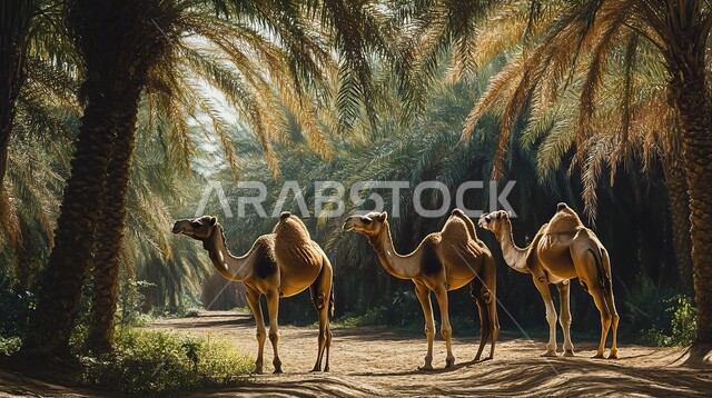 مجموعة من حيوان الجمل يقفون وسط صحراء المملكة العربية السعودية، الاهتمام في تربية الجمال و الإبل، الكثبان الرملية و المناطق الصحراوية، مفهوم رعاية المواشي والثدييات، التكوينات والتشكيلات الصخرية والمناظر الطبيعية في الصحاري