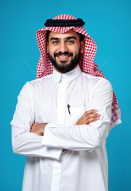 الاهتمام بالمظهر الخارجي, الوقوف باسقامة و أيدي متقاطعة, مفهوم الأناقة و الرجولة, بورتريه لشاب عربي خليجي سعودي مبتسم يرتدي الثوب التقليدي و الشماغ ينظر إلى الكاميرا بإيماءات السعادة و السرور, خلفية زرقاء