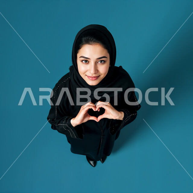إظهار مشاعر الحب والشغف، تعابير المحبة والمودة, مفهوم الأنوثة و النعومة, بورتريه علوي عامودي لشابة عربية خليجية سعودية مبتسمة محجبة ترتدي العباءة السوداء تنظر إلى الكاميرا بإيماءات السعادة و السرور, خلفية زرقاء