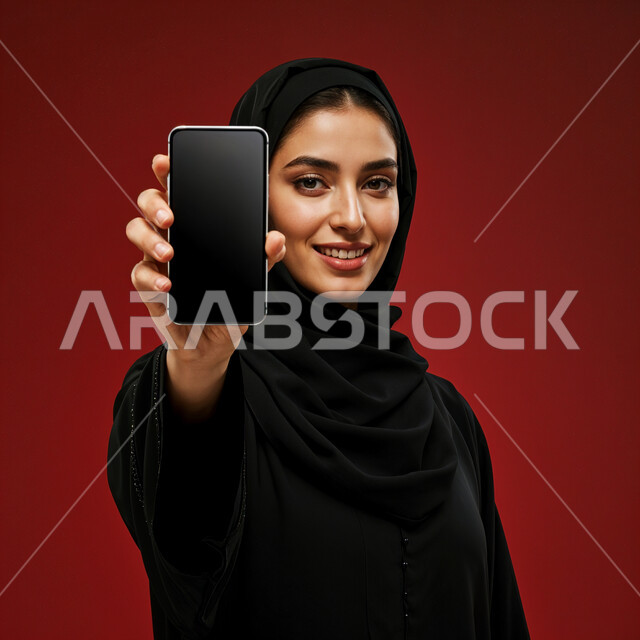 استخدام الأجهزة التقنية الحديثة للتسلية و الترفيه, النظر إلى الكاميرا بإيماءات السعادة و السرور, بورتريه مقرب لشابة عربية خليجية سعودية مبتسمة محجبة ترتدي العباءة السوداء تمسك بيدها الهاتف المحمول, عرض شاشة سوداء فارغة عبر الجوال, خلفية حمراء
