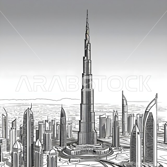 المباني الشاهقة و المنشآت السكنية و التجارية, صورة بالأبيض و الأسود لبرج خليفة في مدينة دبي, الفن الهندسي المعماري لبناء الأبراج و ناطحات السحاب, الأماكن و المعالم السياحية المشهورة في الإمارات العربية المتحدة