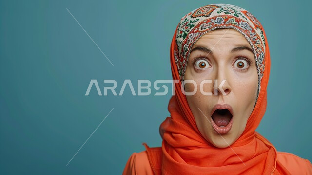 ايماءات تدل على الذهول لسماع خبر مفاجئ، الصدمة والتعجب من حصول أمر ما، بورتريه مقرب لامرأة عربية خليجية سعودية محجبة تنظر إلى الكاميرا بتعابير الدهشة والخوف، خلفية زرقاء