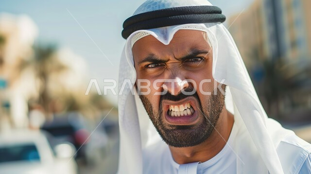تعابير الصراخ الشديد و العصبية و الاثارة, صورة مقربة لرجل عربي خليجي سعودي ينظر الى الكاميرا بإيماءات الغضب, الشعور بالانزعاج و الرغبة بالانتقام, الامراض النفسيه و الحياه الفاشله 