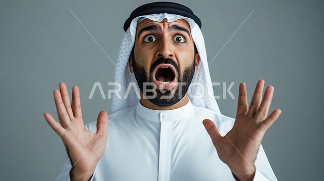 الصدمة والتعجب من حصول أمر ما، ايماءات تدل على الذهول لسماع خبر مفاجئ، بورتريه مقرب لرجل عربي خليجي سعودي يرتدي الزي التقليدي يرفع يديه وينظر إلى الكاميرا بتعابير الدهشة والخوف، خلفية رمادية