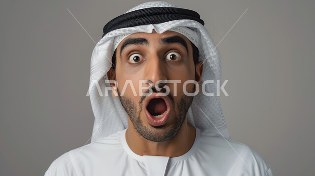 الصدمة والتعجب من حصول أمر ما، ايماءات تدل على الذهول لسماع خبر مفاجئ، بورتريه مقرب لرجل عربي خليجي اماراتي يرتدي الزي التقليدي ينظر إلى الكاميرا بتعابير الدهشة والخوف، خلفية رمادية