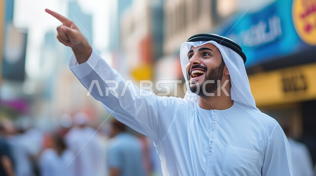 Gestures that indicate this place (here), gestures and expressions that something is there, identifying a specific location, close-up of a Saudi Arabian Gulf man in traditional dress pointing with his index finger at something, looking up with gestures of pleasure