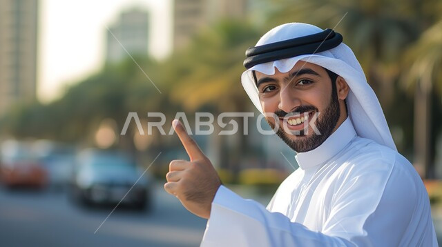 تحديد موقع معين, اشارات تحدد هذا المكان (هنا)، حركات وتعابير وجود شيء ما، صورة مقربة لرجل عربي خليجي سعودي يرتدي الزي التقليدي يشير بأصابعه السبابة الى شيءما, النظر إلى الكاميرا بإيماءات السرور