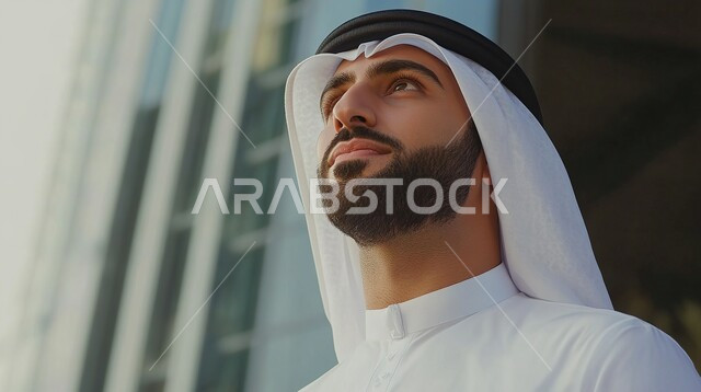 مفهوم الاناقة والرجولة، الاهتمام بالمظهر الخارجي، تعابير الثقة بالنفس، صورة مقربة لرجل عربي خليجي سعودي يرتدي الزي التقليدي والغترة ينظر إلى شيء ما بايماءات الجدية