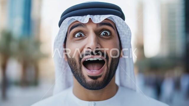 التعجب والصدمة من حصول أمر ما، ايماءات تدل على الذهول لسماع خبر مفاجئ، صورة مقربة لرجل عربي خليجي سعودي يرتدي الزي التقليدي ينظر إلى الكاميرا بتعابير الدهشة والخوف