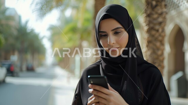 Spending free time communicating with friends, a smiling Saudi Arabian Gulf woman wearing hijab browsing social media sites via mobile phone, walking in a public area, chatting and talking with relatives