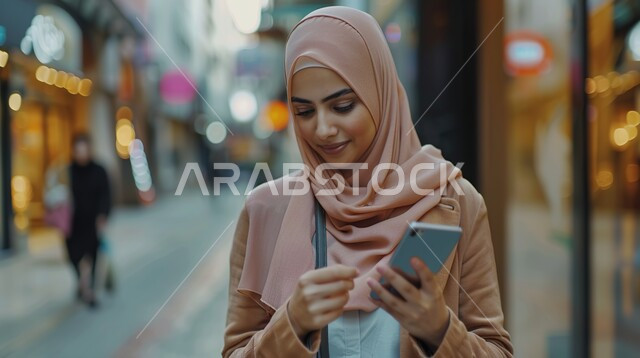  قضاء وقت الفراغ بالتواصل مع الصديقات ، إمرأة عربية خليجية سعودية مبتسمة ترتدي الحجاب تقوم بتصفح مواقع التواصل الاجتماعي عبر الهاتف المحمول، التجول في إحدى المناطق العامة ،الدردشة والتحدث مع الاقارب