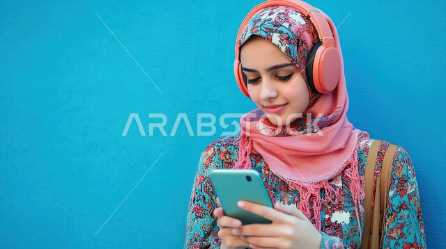  تصفح مواقع السوشال ميديا, التواصل عبر التطبيقات الالكترونية الحديثة, بورتريه مقرب لشابة عربية خليجية سعودية محجبة مبتسمة تضع سماعات الرأس وتقوم بالتحدث مع الأصدقاء عبر الهاتف المحمول، خلفية زرقاء