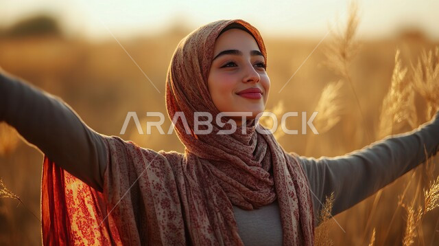 الأناقة والاهتمام بالمظهر الخارجي، حجابات نسائية عصريه حديثه, مفهوم الأنوثة والنعومة، صورة مقربة لإمرأة عربية خليجية سعودية مبتسمة ترتدي الحجاب ترفع يديها بإيماءات البهجة والسرور، خلفية الطبيعة