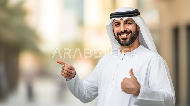 Gestures and expressions of presence of something, identification of a specific location, signs identifying this place (here), close-up of a Saudi Arabian Gulf man in traditional dress raising his hand in a sign of quality and admiration and pointing his index fingers at something, looking at the camera with gestures of pleasure