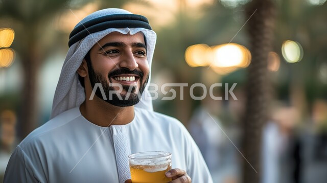 Standing up straight and confident, the concept of manhood and concern for one's appearance, a close-up of a Saudi Arabian Gulf man wearing a shemagh and traditional dress looking at something with an expression of pleasure and holding a glass of juice in his hand