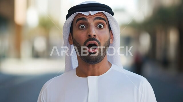 التعجب والصدمة من حصول أمر ما، ايماءات تدل على الذهول لسماع خبر مفاجئ، صورة مقربة لرجل عربي خليجي سعودي يرتدي الزي التقليدي ينظر إلى الكاميرا بتعابير الدهشة والخوف