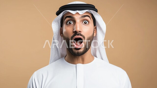 تعابير تدل على الذهول لسماع خبر مفاجئ، الصدمة والتعجب من حصول أمر ما، بورتريه مقرب لرجل عربي خليجي سعودي يرتدي الزي التقليدي ينظر إلى الكاميرا بايماءات الدهشة والخوف، خلفية بيج