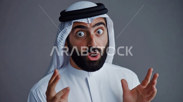 الصدمة والتعجب من حصول أمر ما، ايماءات تدل على الذهول لسماع خبر مفاجئ، بورتريه مقرب لرجل عربي خليجي سعودي يرتدي الزي التقليدي يرفع يديه وينظر إلى الكاميرا بتعابير الدهشة والخوف، خلفية رمادية