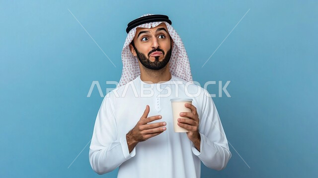 الإستمتاع بشرب المشروبات الباردة, بورتريه مقرب لرجل عربي خليجي سعودي مبتسم يرتدي الزي التقليدي يحمل بيده كأس من العصير, ايماءات الاعجاب والدهشة بالمذاق المنعش، خلفية زرقاء