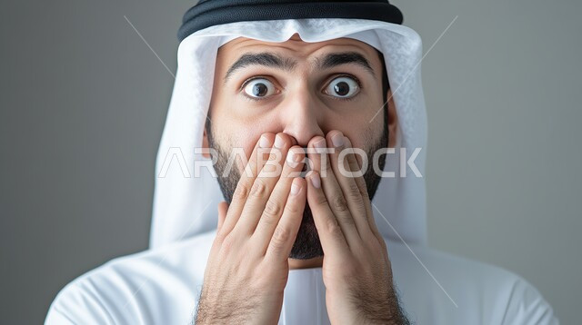 Expressions of astonishment at hearing sudden news, shock and wonder at something happening, close-up portrait of a Saudi Arabian Gulf man wearing traditional dress, putting his hands on his face and looking at the camera with gestures of surprise and fear, gray background