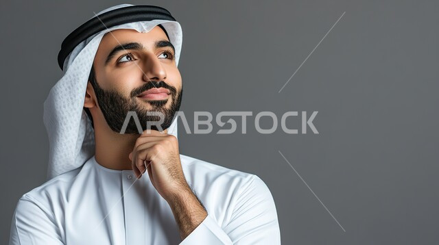 شرود الذهن والتأمل والتخطيط للمستقبل، التفكير لأيجاد حل مشكلة ما، مواجهة المشكلات والتحديات في الحياة العملية، بورتريه مقرب لرجل عربي خليجي سعودي يرتدي الثوب والشماغ التقليدي ينظر الى شيء ما بإيماءات التمعن والتركيز، خلفية رمادية