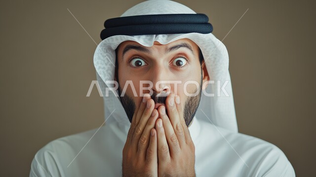 تعابير تدل على الذهول لسماع خبر مفاجئ، الصدمة والتعجب من حصول أمر ما، بورتريه مقرب لرجل عربي خليجي سعودي يرتدي الزي التقليدي يضع يديه على وجهه وينظر إلى الكاميرا بايماءات الدهشة والخوف، خلفية رمادية