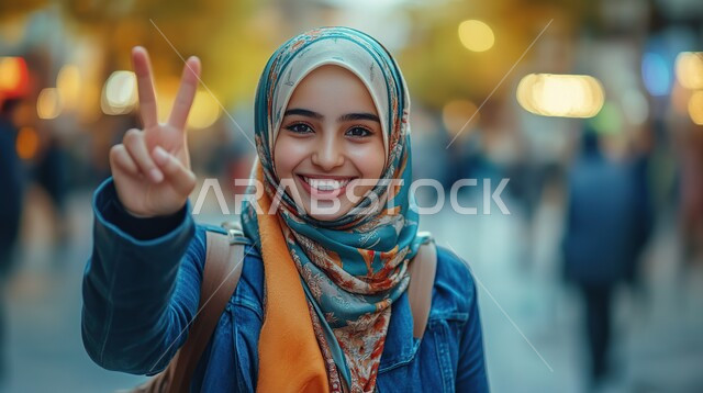 مفهوم الفرح بالفوز، النجاح وتحقيق الأهداف، تعابير السرور والسعادة، صورة مقربة لامرأة عربية خليجية سعودية محجبة مبتسمة ترتدي الزي الكاجوال ترفع يديها بعلامة النصر وإيماءات الحماس