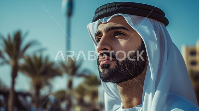 مفهوم الاناقة والرجولة، الاهتمام بالمظهر الخارجي، تعابير الثقة بالنفس، صورة مقربة لرجل عربي خليجي سعودي يرتدي الزي التقليدي والغترة ينظر إلى شيء ما بايماءات الجدية