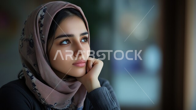 شرود الذهن والنظر الى شيء ما ، مفهوم الأنوثة والنعومة، الاهتمام بالمظهر الخارجي، أزياء محجبات عصرية وأنيقة، الملامح العربية القوية، صورة مقربة لامرأة عربية خليجية سعودية ترتدي الحجاب تضع يدها على ذقنها بإيماءات التفكير