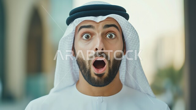 التعجب والصدمة من حصول أمر ما، ايماءات تدل على الذهول لسماع خبر مفاجئ، صورة مقربة لرجل عربي خليجي سعودي يرتدي الزي التقليدي ينظر إلى الكاميرا بتعابير الدهشة والخوف