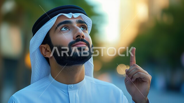 النظر إلى الأعلى بإيماءات السعادة و السرور, الإشارة إلى شيء ما, صورة مقربة لرجل عربي خليجي سعودي يرتدي الثوب التقليدي و الغترة يشير بإصبع السبابة نحو شيء معين