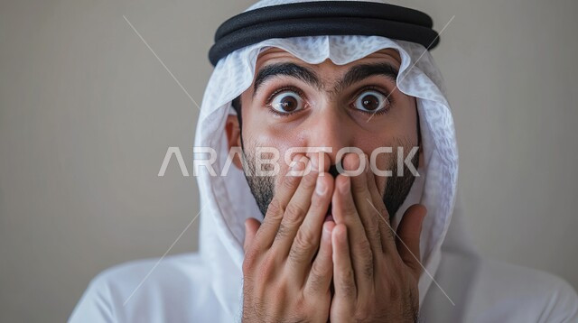 تعابير تدل على الذهول لسماع خبر مفاجئ، الصدمة والتعجب من حصول أمر ما، بورتريه مقرب لرجل عربي خليجي سعودي يرتدي الزي التقليدي يضع يديه على وجهه وينظر إلى الكاميرا بايماءات الدهشة والخوف، خلفية رمادية
