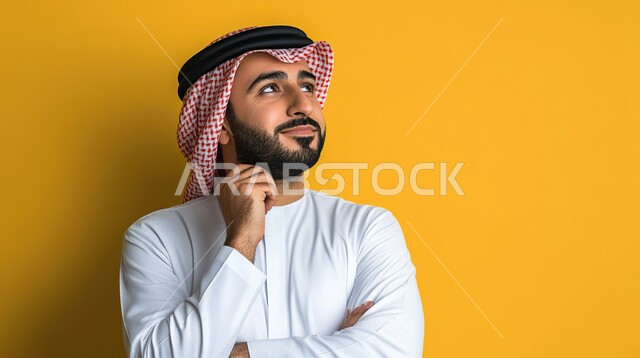 شرود الذهن والتأمل والتخطيط للمستقبل، التفكير لأيجاد حل مشكلة ما، مواجهة المشكلات والتحديات في الحياة العملية، بورتريه مقرب لرجل عربي خليجي سعودي يرتدي الثوب والشماغ التقليدي ينظر الى شيء ما بإيماءات التمعن والتركيز، خلفية صفراء