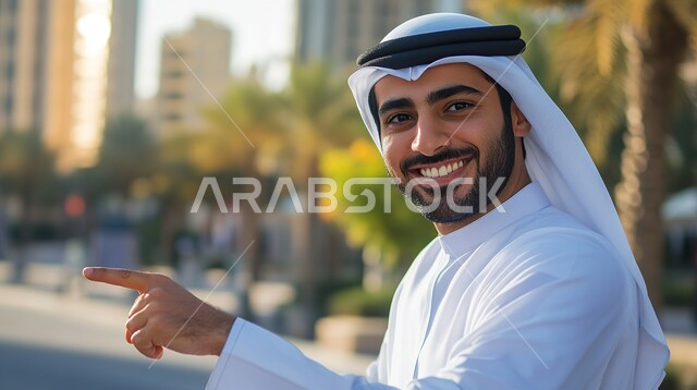 تحديد موقع معين, اشارات تحدد هذا المكان (هنا)، حركات وتعابير وجود شيء ما، صورة مقربة لرجل عربي خليجي سعودي يرتدي الزي التقليدي يشير بأصابعه السبابة الى شيءما, النظر إلى الكاميرا بإيماءات السرور