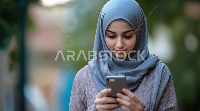 Browsing social media sites, enjoying a good time in a public area, communicating via modern electronic applications, a close-up photo of a smiling veiled Saudi Arabian Gulf young woman talking to friends via mobile phone