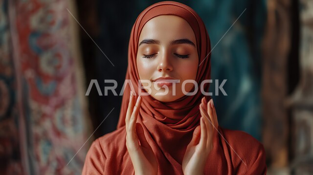 الاسترخاء والشعور بالراحة، الاستمتاع في قضاء الوقت بالتأمل، ممارسة تمارين اليوغا، التدرب على الهدوء وتمالك النفس، المحافظة على اللياقة والصحة البدنية، صورة مقربة لشابة عربية خليجية سعودية تغمض عينيها