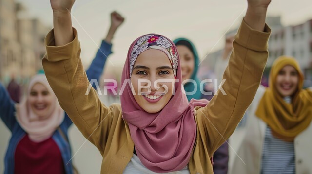 النجاح وتحقيق الأهداف، مفهوم الفرح بالنصر والفوز، تعابير السرور والسعادة، صورة مقربة لامرأة عربية خليجية سعودية محجبة مبتسمة ترتدي الزي الكاجوال ترفع يديها بإيماءات الحماس