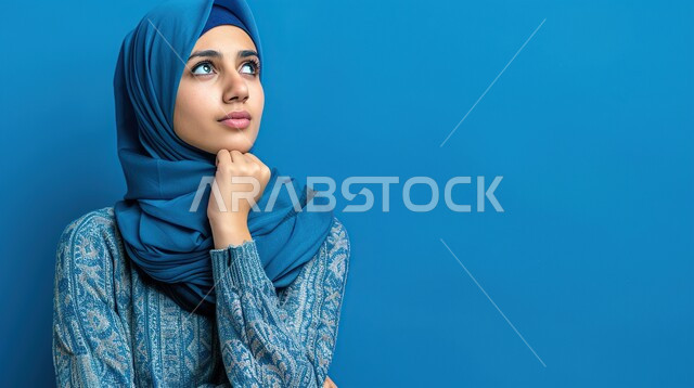 Modern and elegant veiled fashion, the concept of femininity and softness, interest in external appearance, strong Arab features, close-up portrait of a Saudi Arabian Gulf woman wearing the veil, putting her hand on her chin with gestures of thinking, absent-mindedness and looking at something, blue background