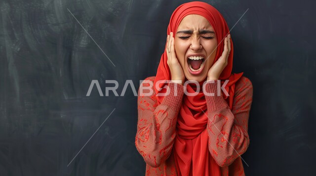 ايماءات الغضب والعصبية، حركات وجه ويدين تدل على الصراخ الشديد، بورتريه مقرب لامرأة عربية خليجية سعودية محجبة تضع يديها على أذانها بتعابير الانزعاج من الضجيج، خلفية رمادية