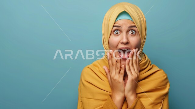 ايماءات تدل على الذهول لسماع خبر مفاجئ، الصدمة والتعجب من حصول أمر ما، بورتريه مقرب لامرأة عربية خليجية سعودية محجبة  تضع يديها على وجهها وتنظر إلى الكاميرا بتعابير الدهشة والخوف، خلفية زرقاء