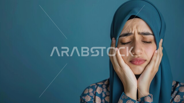 الشعور بألم وتسوس في الأضراس, مفهوم المعاناة والحاجه لزيارة طبيب الأسنان، بورتريه مقرب لشابة عربية سعودية خليجية ترتدي الحجاب تضع يديها على خدها بايماءات الحزن والاكتئاب، خلفية زرقاء