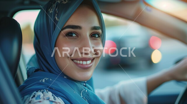 القيادة بحذر واتباع قواعد السلامة، قضاء وقت ممتع في الخارج، ايماءات السرور والسعادة، صورة مقربة لامرأة عربيه خليجية سعودية محجب تجلس في مقعد السيارة وتنظر الى الكاميرا، مفهوم الاستقلال و الحرية و الاعتماد على النفس