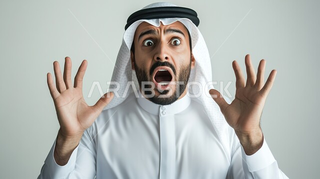 الصدمة والتعجب من حصول أمر ما، ايماءات تدل على الذهول لسماع خبر مفاجئ، بورتريه مقرب لرجل عربي خليجي سعودي يرتدي الزي التقليدي يرفع يديه وينظر إلى الكاميرا بتعابير الدهشة والخوف، خلفية رمادية