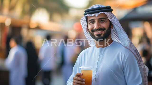 الوقوف باستقامة وثقة بالنفس، مفهوم الرجولة والاهتمام بالمظهر الخارجي، صورة مقربة لرجل عربي خليجي سعودي يرتدي الشماغ والزي التقليدي ينظر الى الكاميرا بتعابير السرور ويحمل بيده كأس عصير