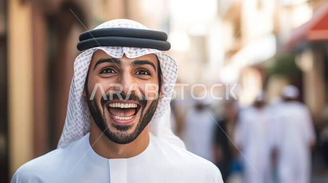 مفهوم الأناقة والاهتمام بالمظهر الخارجي، صورة مقربة لرجل عربي خليجي سعودي يرتدي الشماغ والثوب التقليدي ينظر الى الكاميرا بتعابير السرور والسعادة، ايماءات البهجة والضحك الشديد