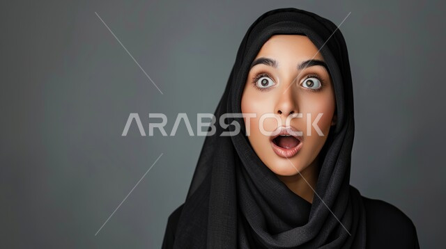 ايماءات تدل على الذهول لسماع خبر مفاجئ، الصدمة والتعجب من حصول أمر ما، بورتريه مقرب لامرأة عربية خليجية سعودية محجبة تنظر إلى الكاميرا بتعابير الدهشة والخوف، خلفية رمادية