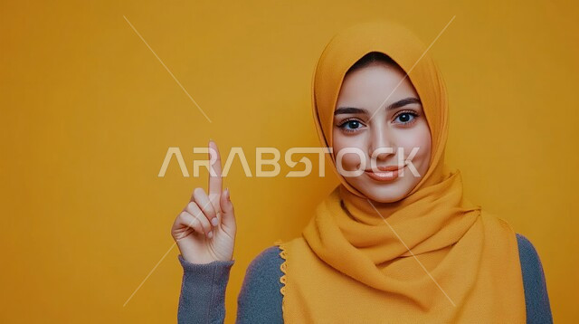 حركات وإشارات يدين تدل على هذا المكان (هنا)، تحديد موقع معين بإيماءات البشاشة، بورتريه مقرب لامرأة عربيه خليجيه سعوديه مبتسمه محجبه تقوم بالنظر الى الكاميرا وترفع اصابعها السبابة للأعلى بالإشارة الى شيء ما، خلفية صفراء