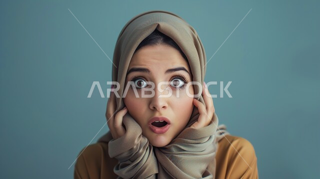 ايماءات تدل على الذهول لسماع خبر مفاجئ، الصدمة والتعجب من حصول أمر ما، بورتريه مقرب لامرأة عربية خليجية سعودية محجبة  تضع يديها على وجهها وتنظر إلى الكاميرا بتعابير الدهشة والخوف، خلفية زرقاء