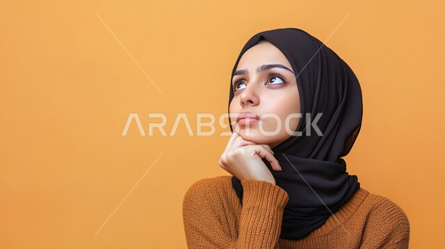 The concept of femininity and softness, interest in appearance, modern and elegant veiled fashion, strong Arab features, close-up portrait of a Saudi Arabian Gulf woman wearing the hijab, putting her hand on her chin with gestures of thinking, absent-mindedness and looking at something, beige background